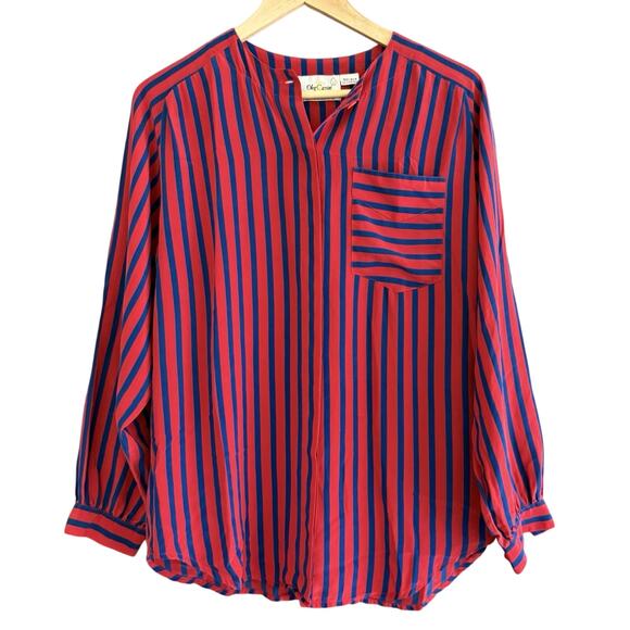 Oleg Cassini Vintage Red and Blue Striped Silk Long Sleeve Button Up‎ Top Size 8 - Picture 1 of 16